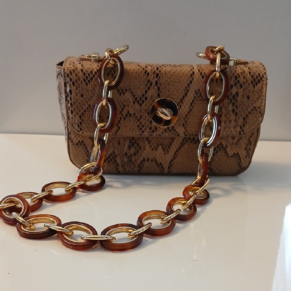 Topshop Brown Faux Snakeskin Crossbody Bag with Chain Strap NWT